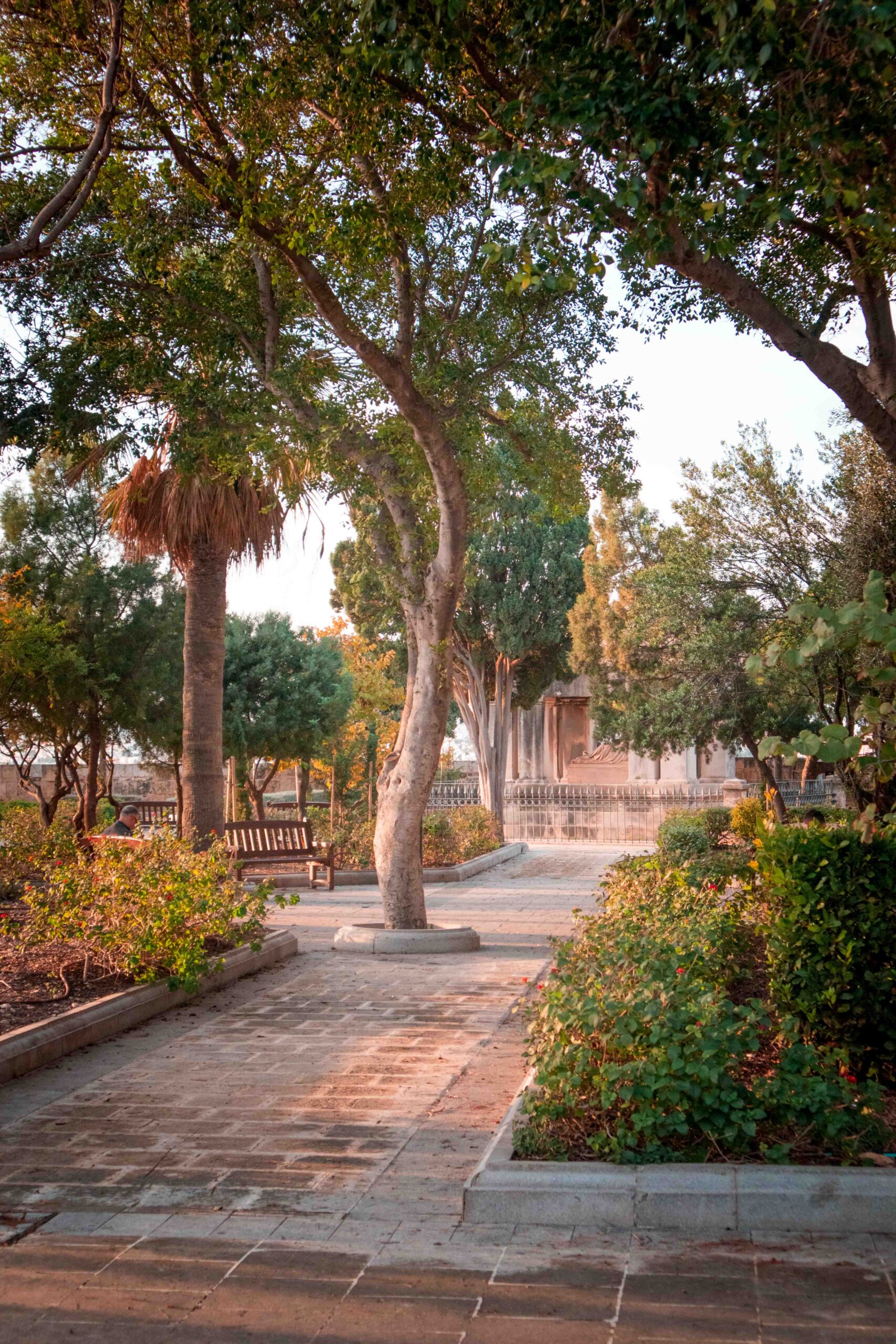 Alley with trees and vegetation leading to the Monument to Lord Hastings in the Hastings Garden in Valletta, Malta