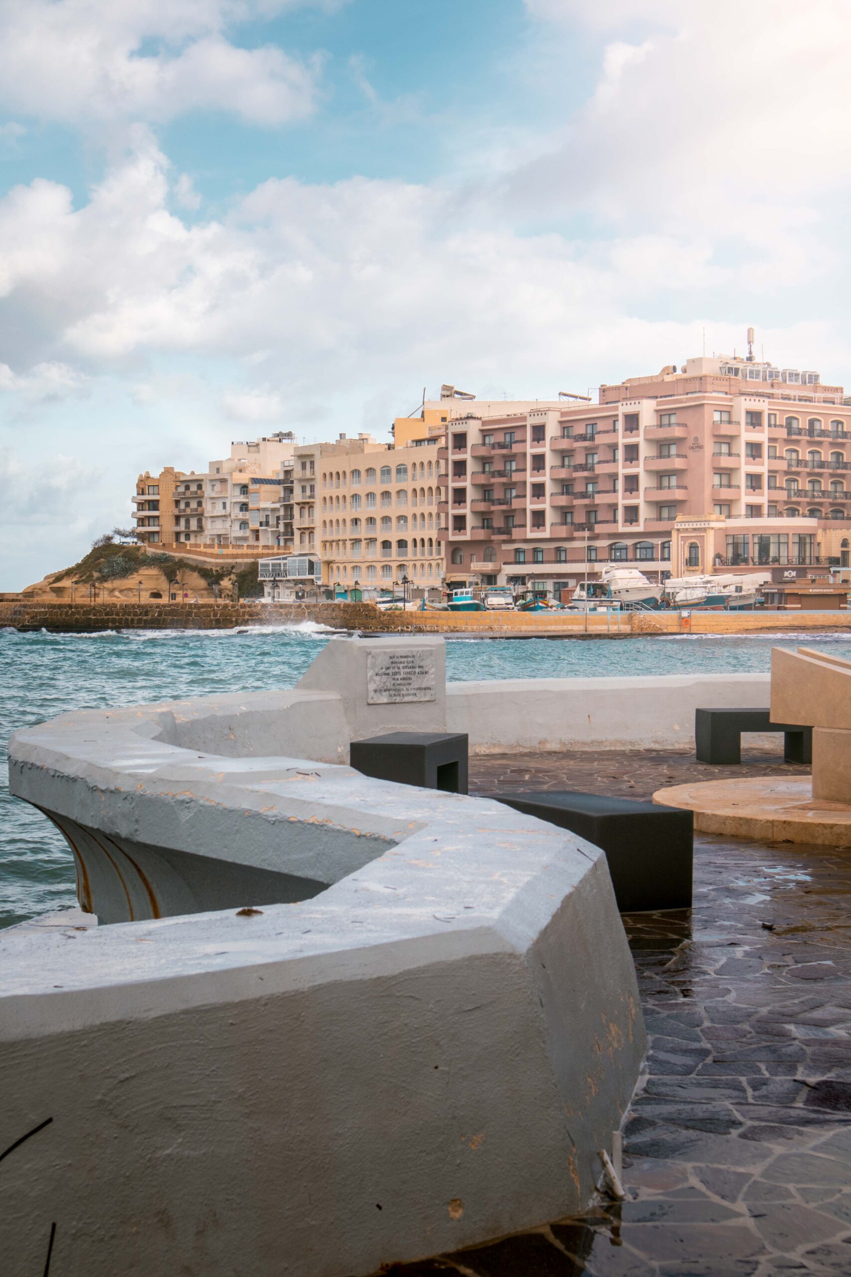 Seaside viewpoint and buildings in Marsalforn on Gozo island, Malta
