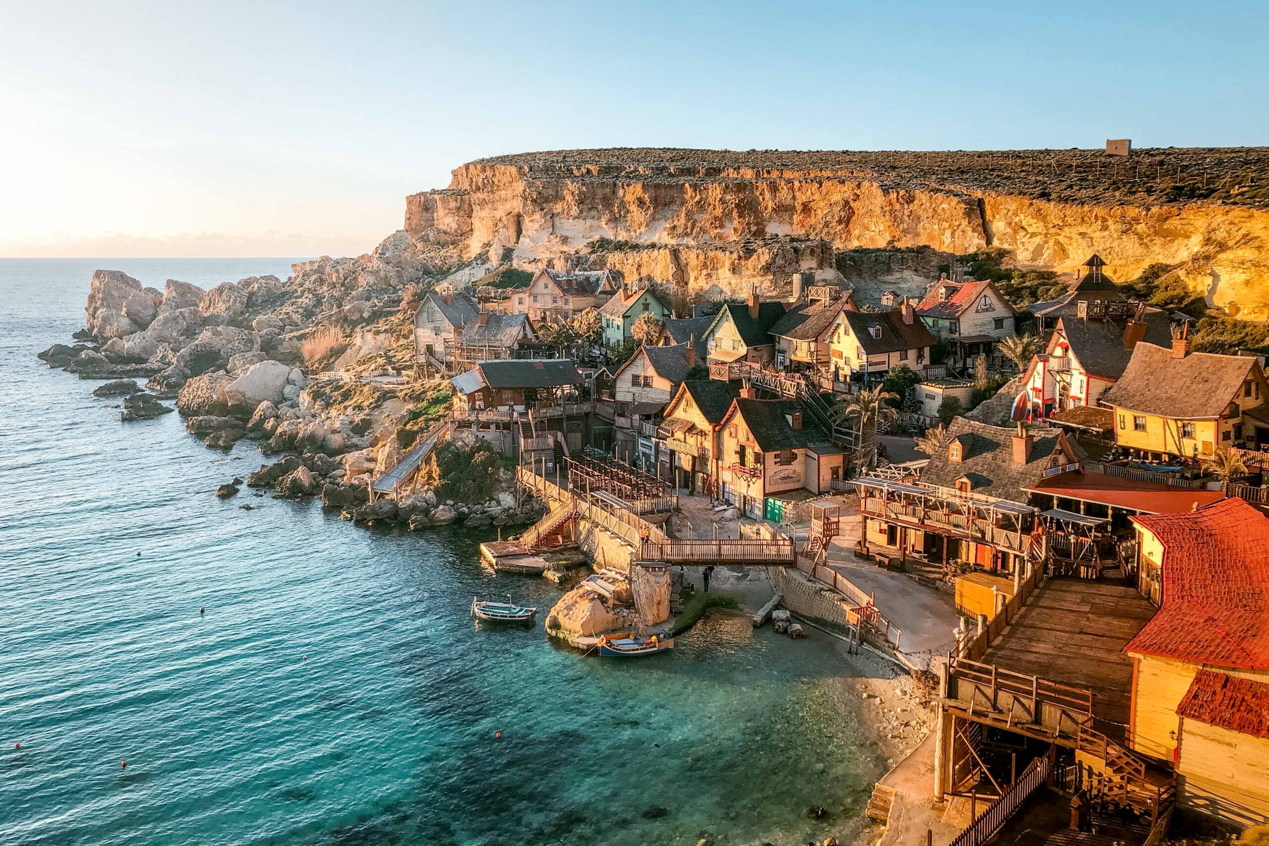 Panoramic view of Popeye Village Park during sunset from Popeye Village Viewpoint in Malta