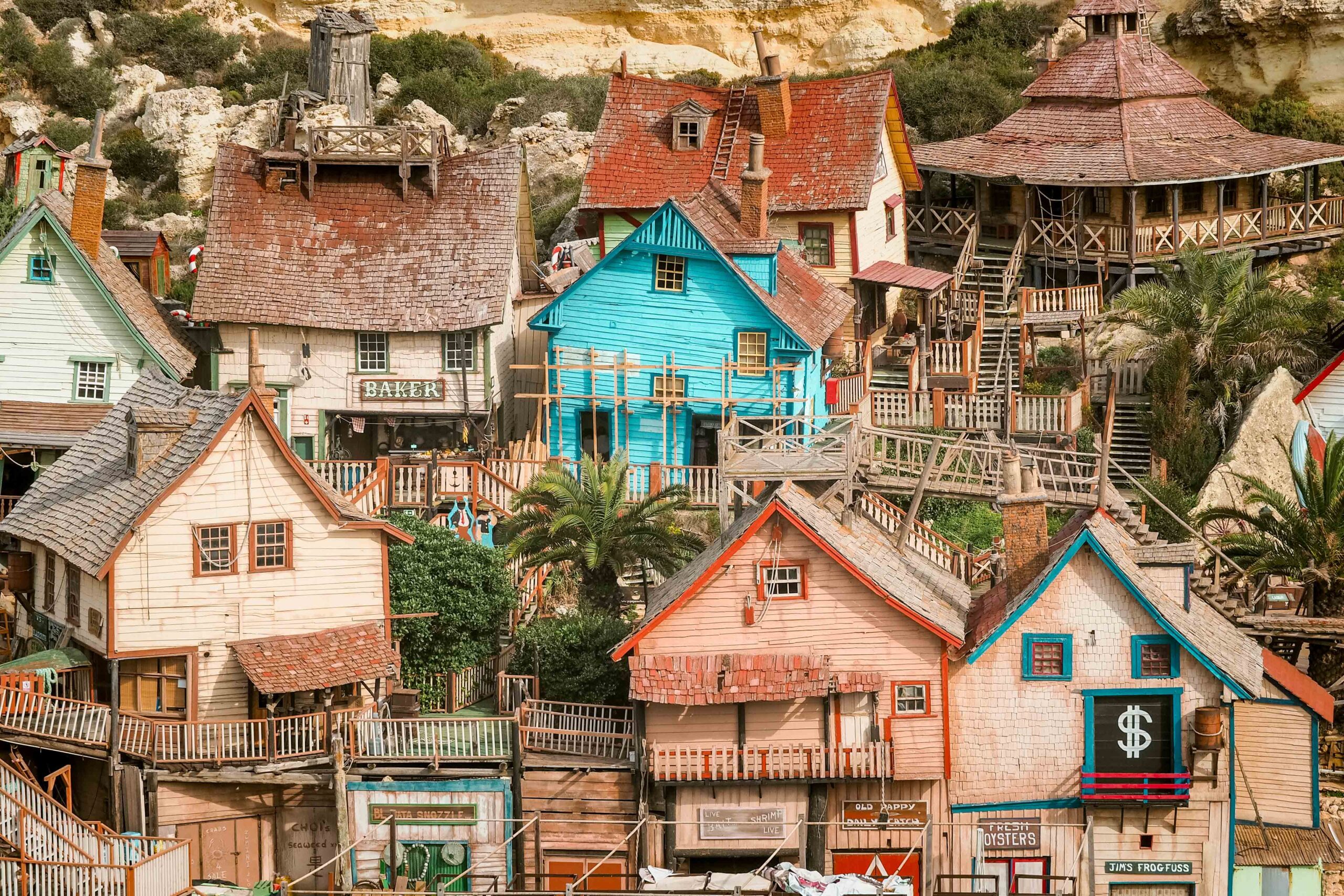 Houses and shacks decor of Popeye Village attraction park and movie set in Malta