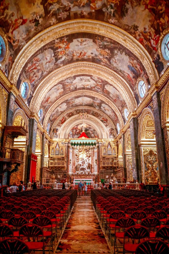 Interior of Saint-John's Cathedral in Valletta, Malta featuring the Nave and the main Altar
