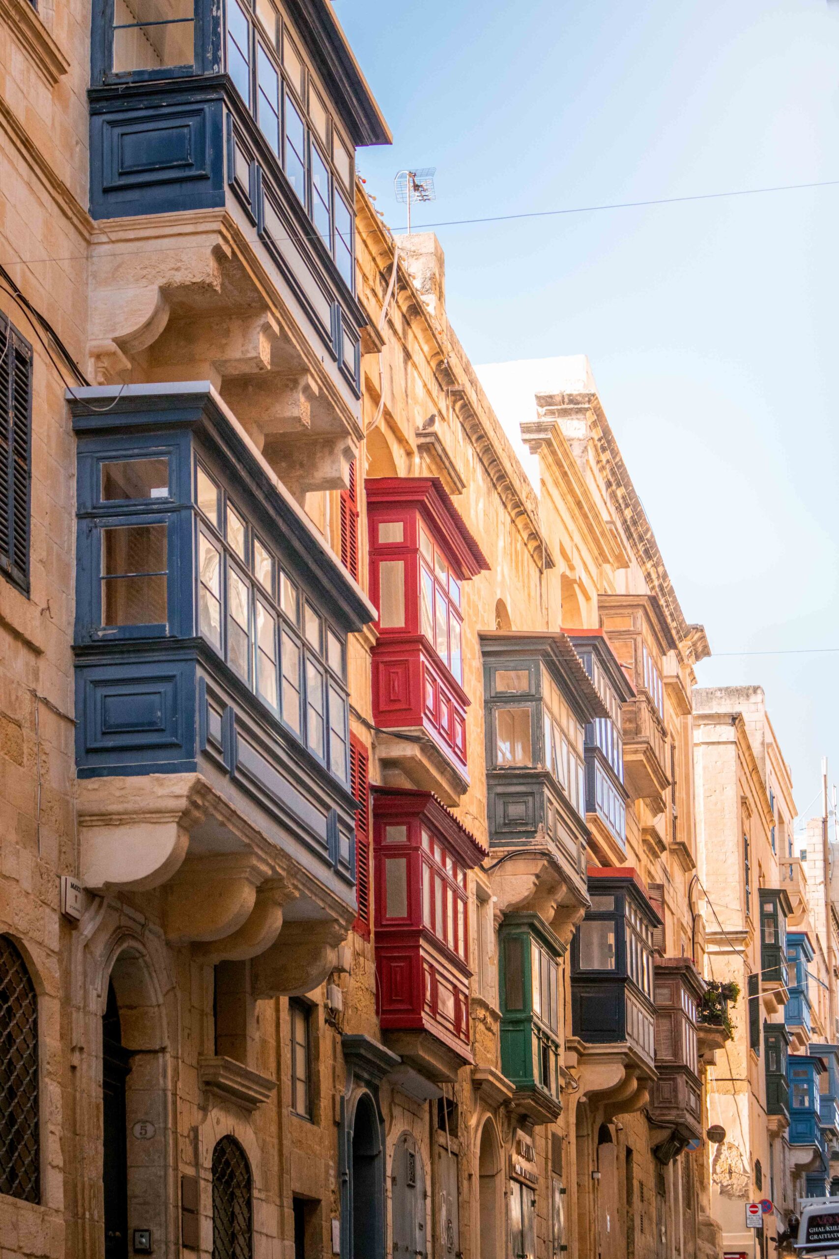 Typical colourful Maltese balconies in Archbishop Street (Triq L-Arcisqof) in Valletta, Malta
