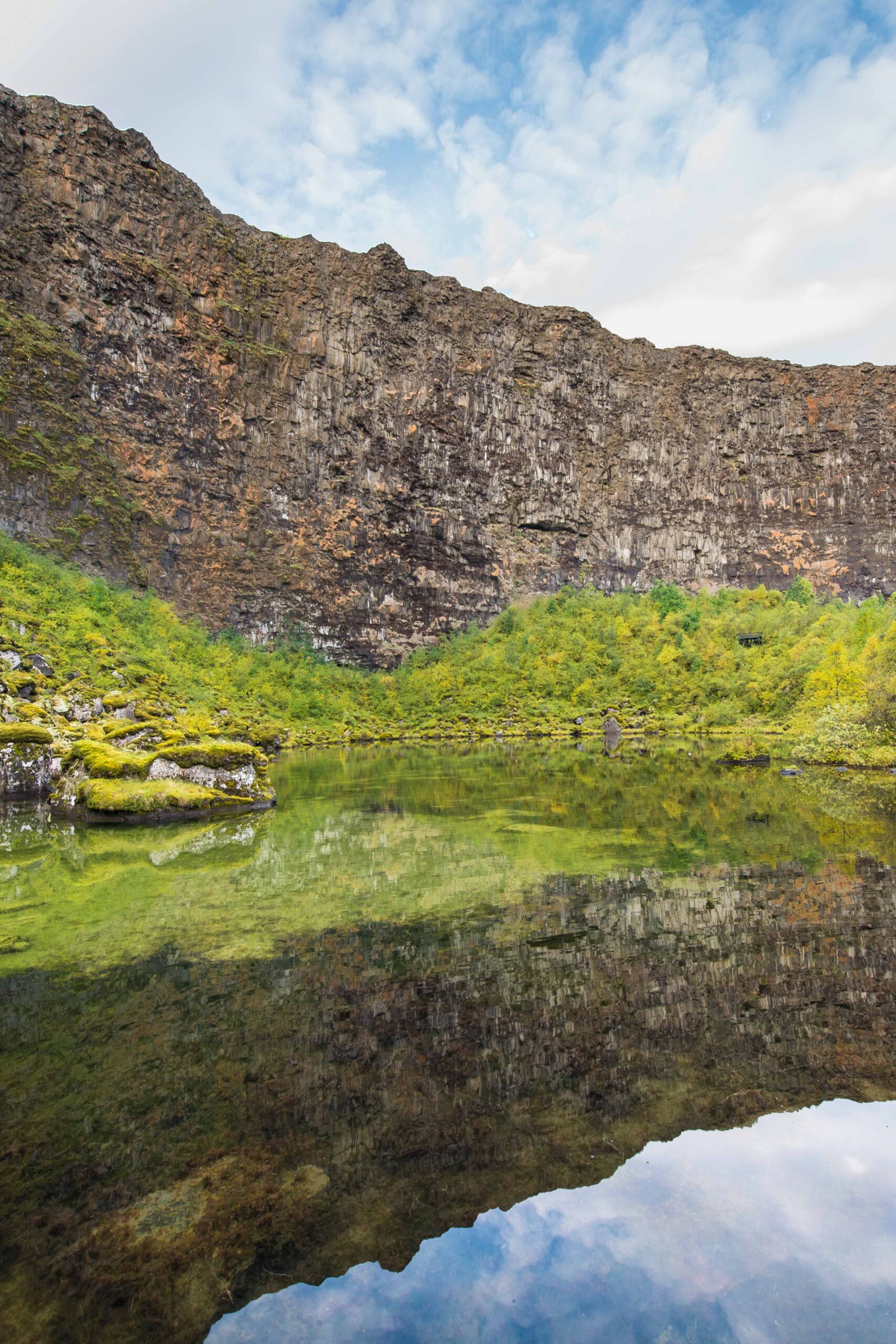 Botnstjörn small lake and cliffs in Asbyrgi canyon, North Iceland