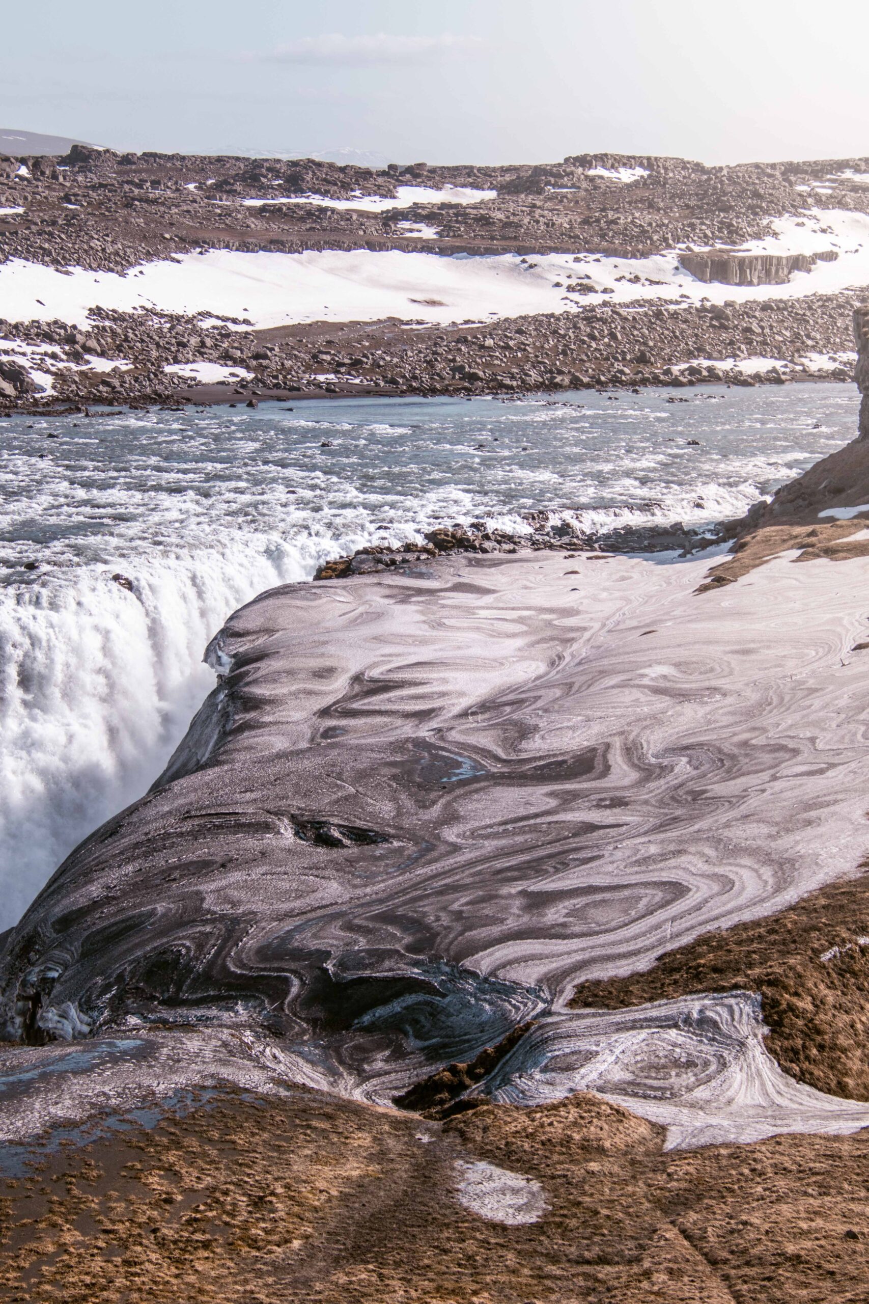 Ice and snow at Dettifoss waterfall from East lookout, North Iceland