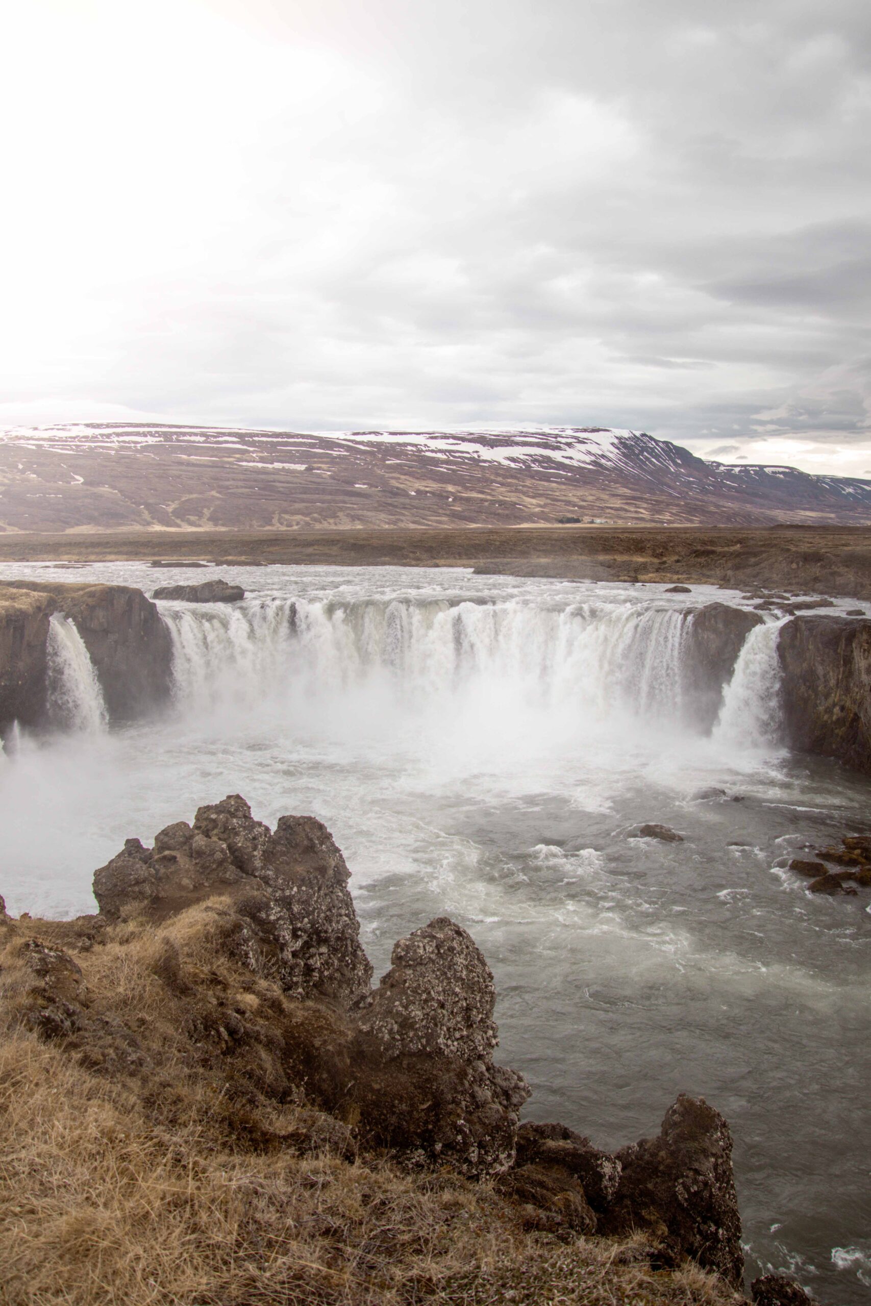 Upper view of Godafoss waterfall from West bank, North Iceland