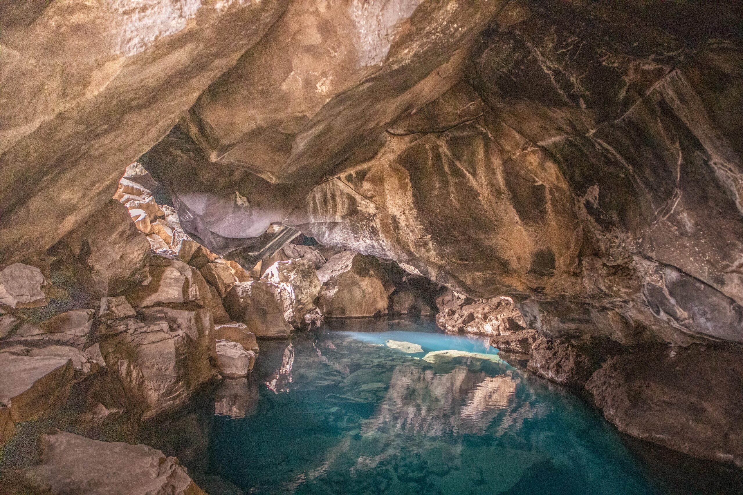 Global view of the hot spring in Grjotagja cave in Lake Mývatn area, North Iceland