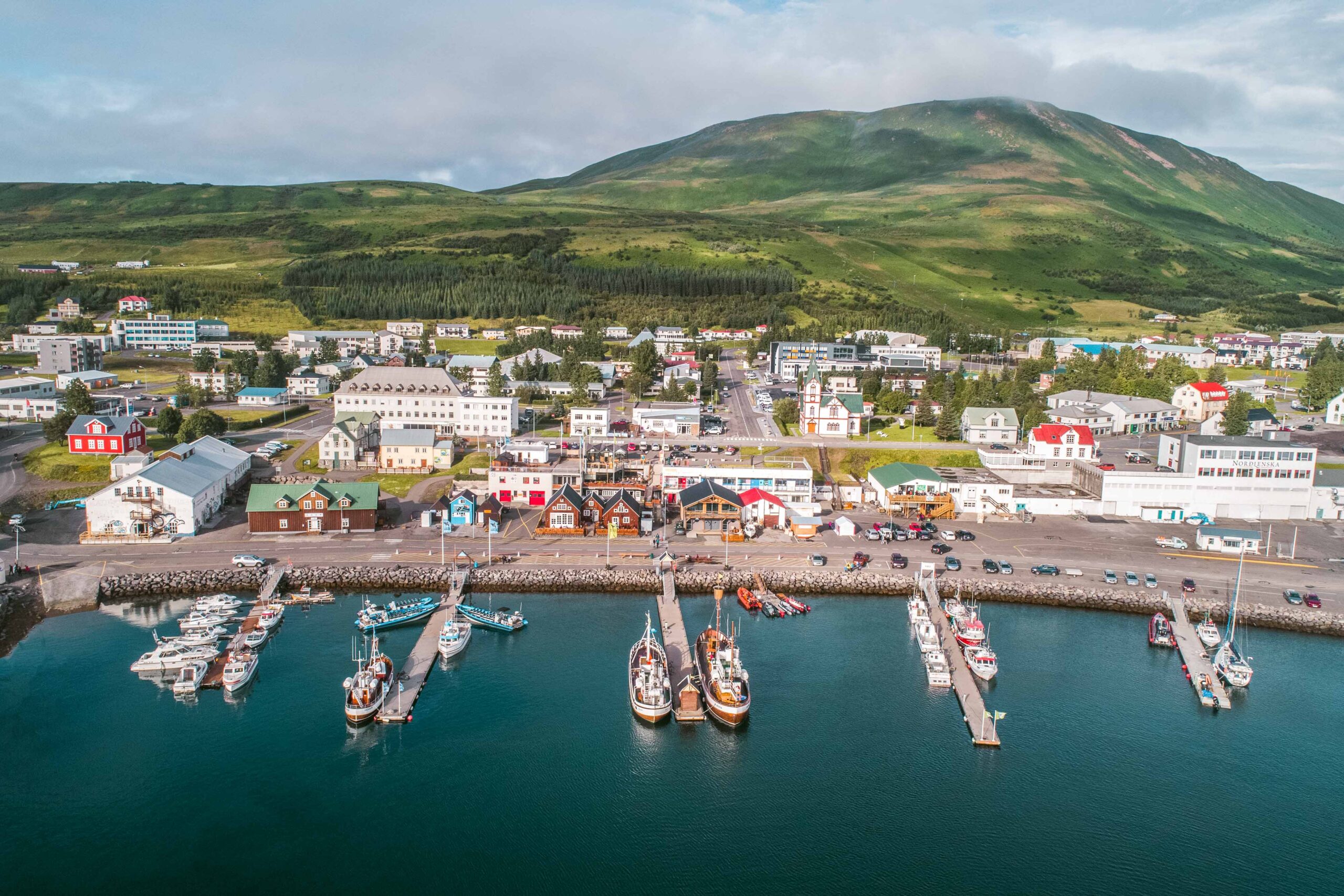 Drone view of Husavik town and harbour, North Iceland