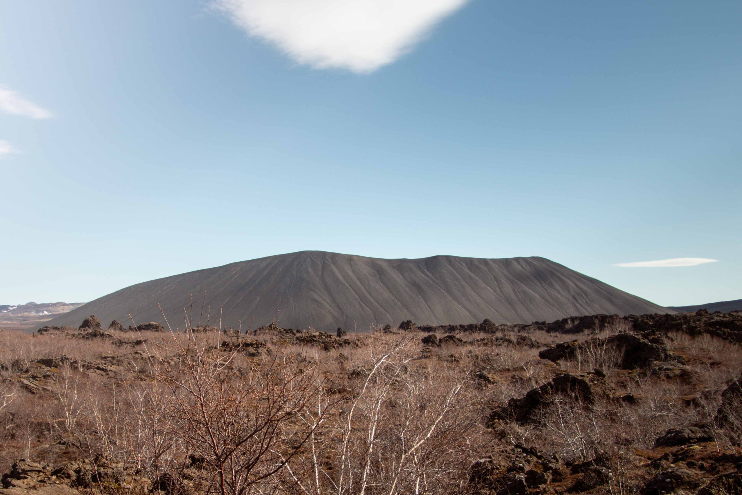 Hverfjall crater seen from Dimmuborgir lava field in Lake Mývatn area, North Iceland