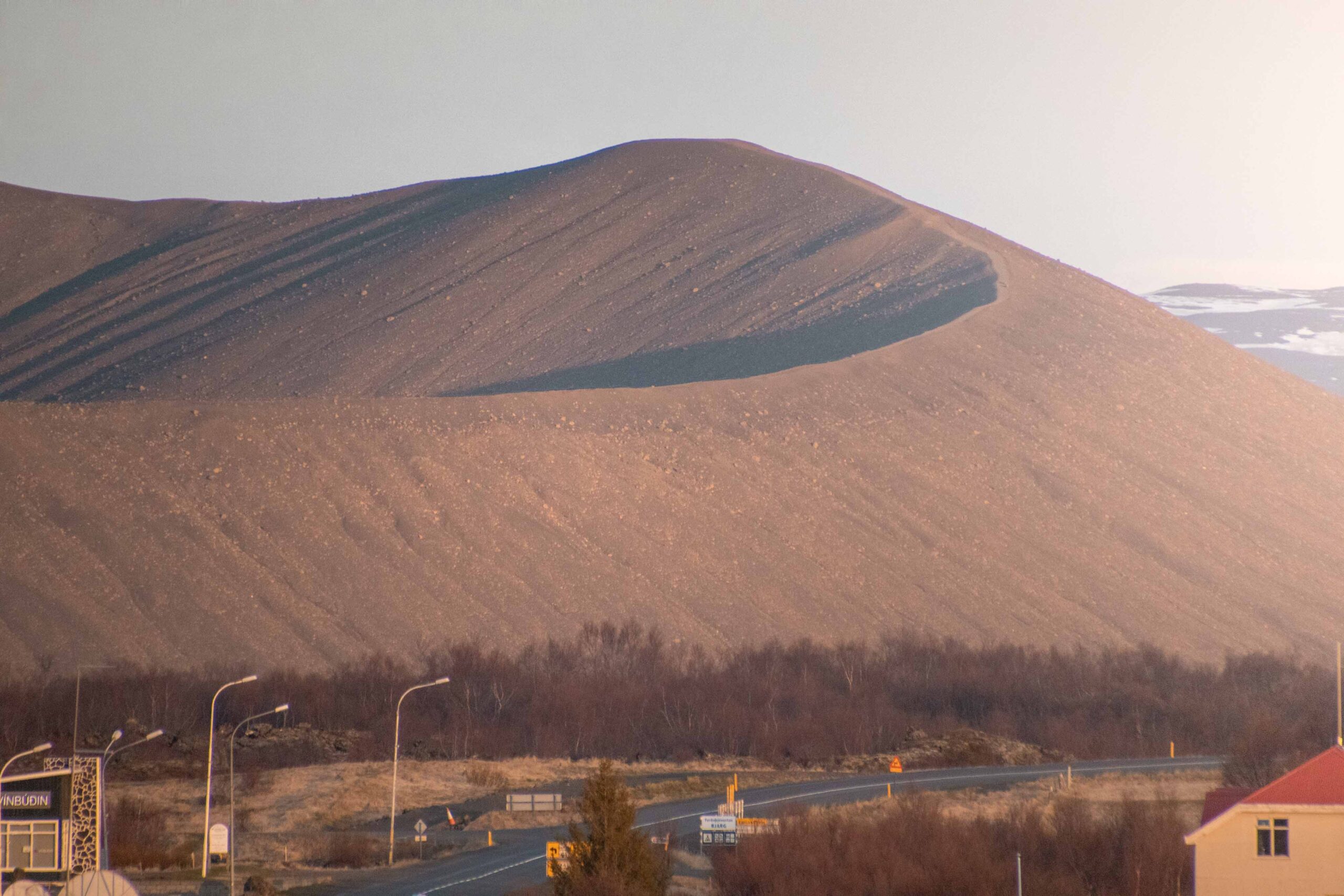 Hverfjall crater seen from Reykjhalid during sunset in Lake Mývatn area, North Iceland