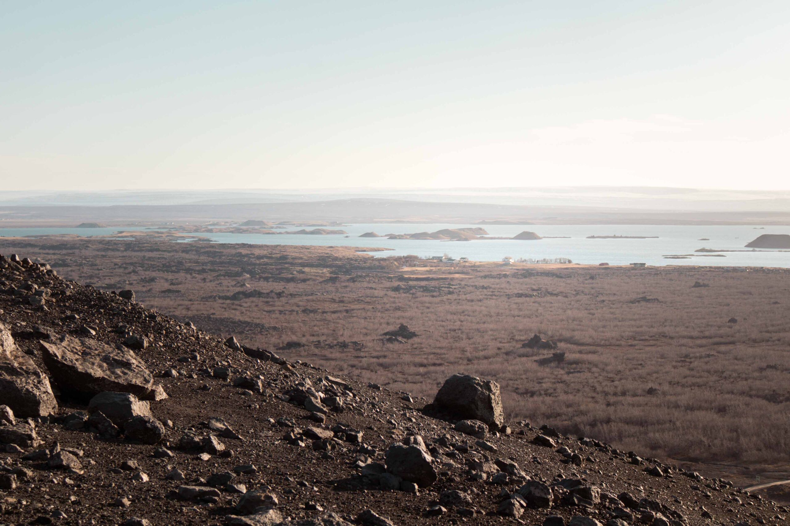 View of Lake Mývatn from the top of Hverfjall crater in Lake Mývatn area, North Iceland