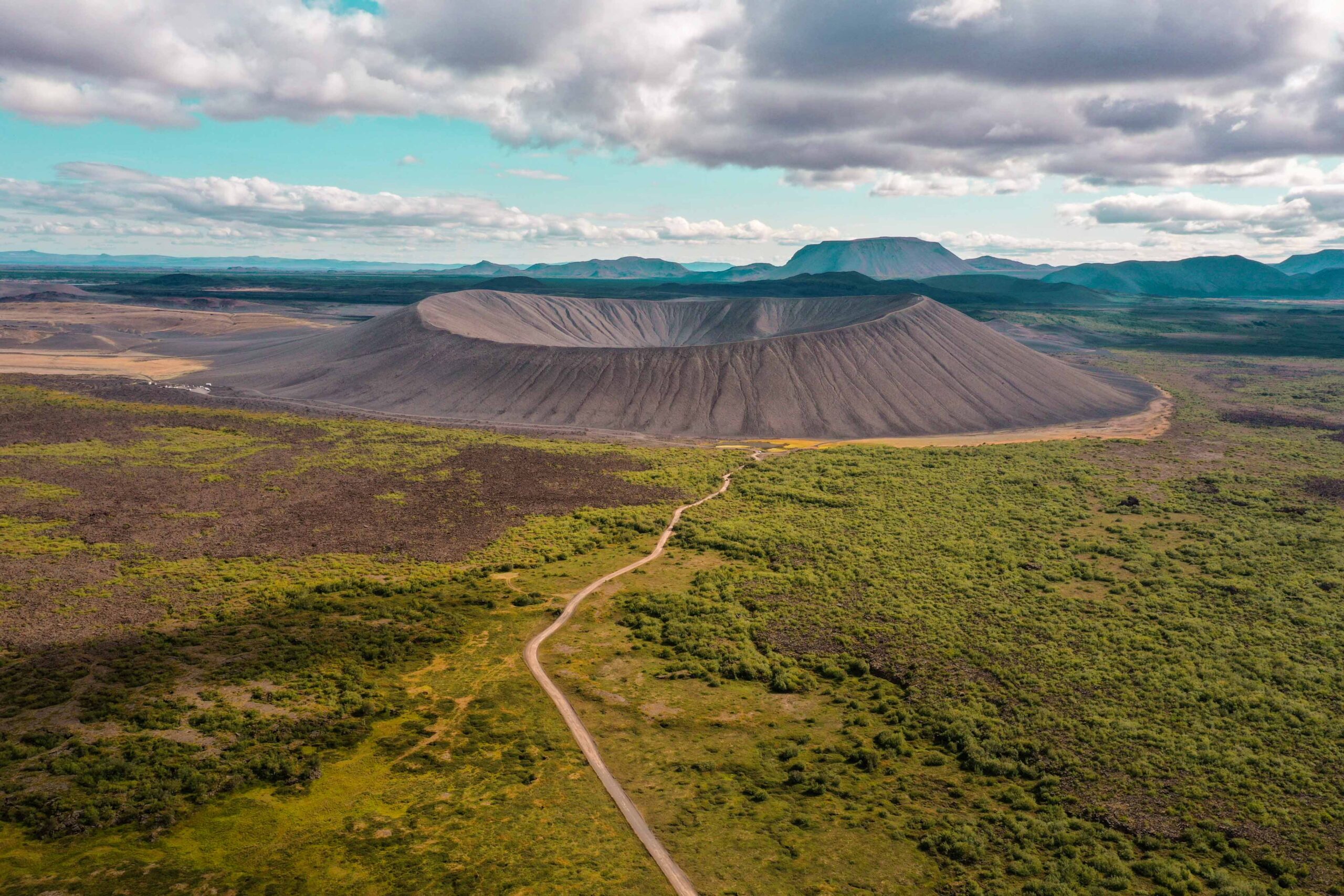 Drone view of Hverfjall crater in Lake Mývatn area, North Iceland