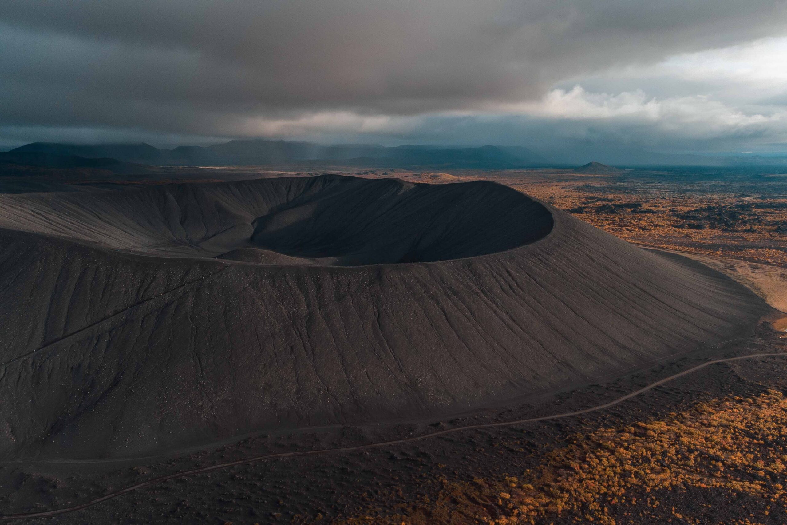 Drone view of Hverfjall crater in Lake Mývatn area, North Iceland