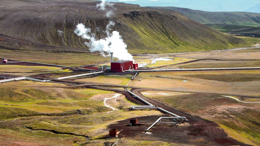 Distant view of geothermal Krafla Power plant near Lake Mývatn area, North Iceland