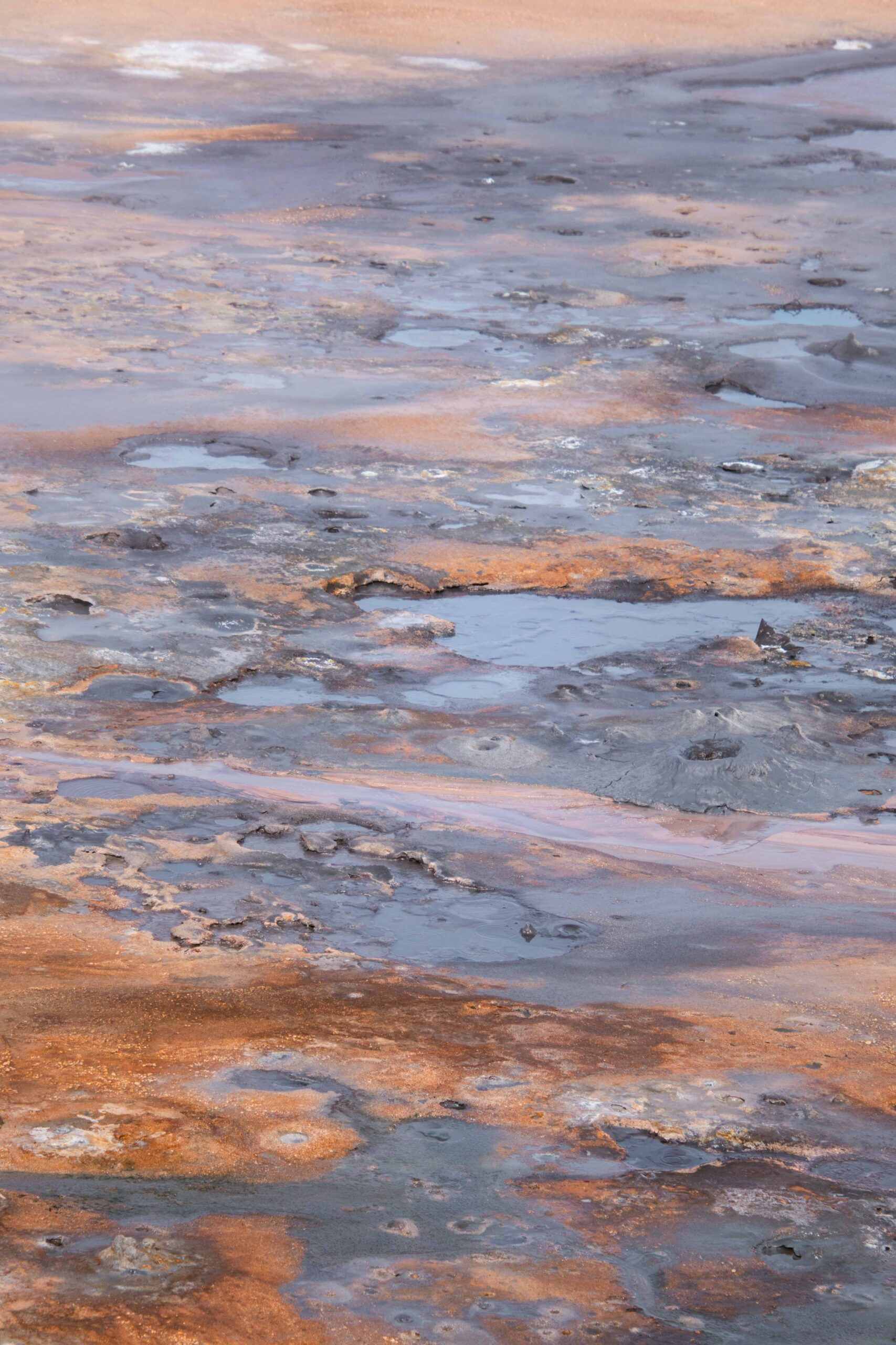 Macro view of Bubbling hot mud pots in Hverir (Hverarönd) geothermal area near Lake Mývatn, North Iceland