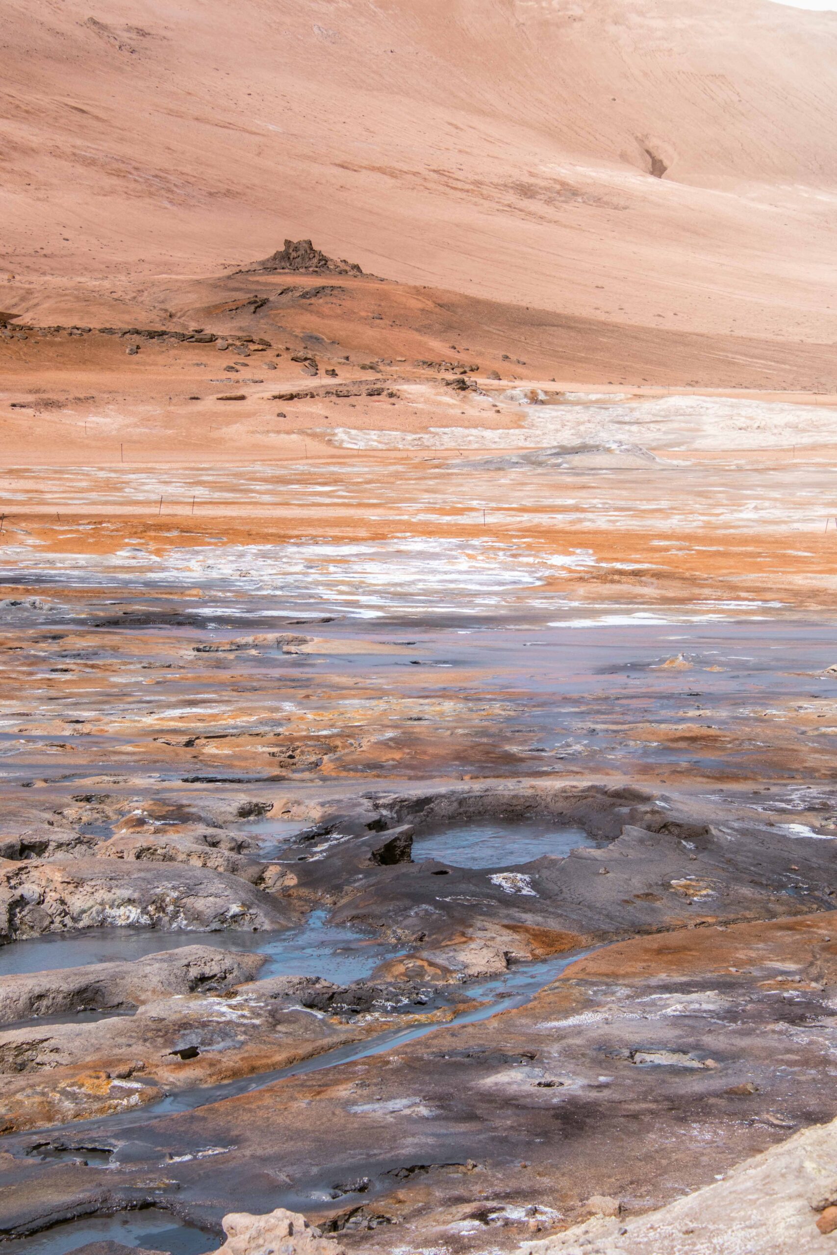 Bubbling hot mud pots in Hverir (Hverarönd) geothermal area and Námafjall ridge near Lake Mývatn, North Iceland