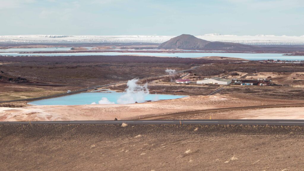 Panoramic view of Lake Mývatn, Mývatn Geothermal area, Reykjhalid and Vindbelgjarfjall from Mývatn lookout, North Iceland