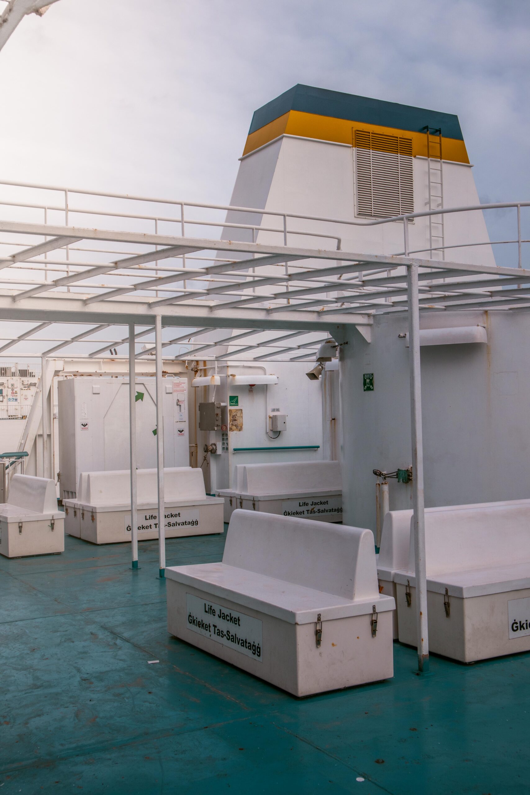 Seating benches on the upper deck of the Gozo Channel Ferry, Malta