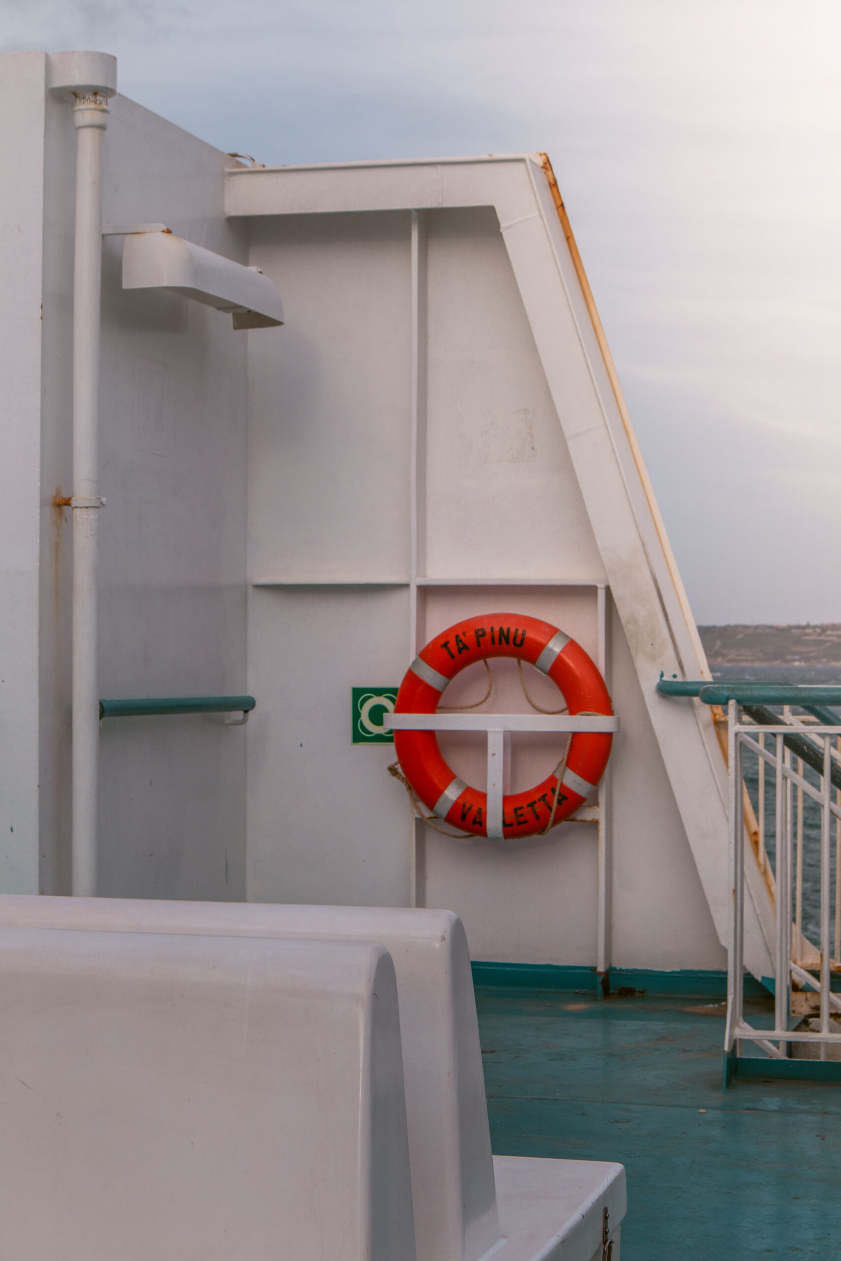 Life buoy on the upper deck of the Gozo Channel Ferry, Malta