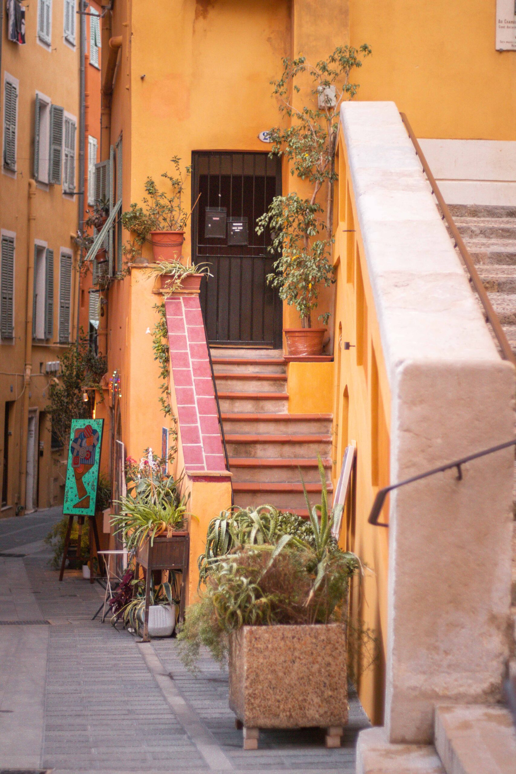 Details of a colourful street ("Rue Longue"), featuring plants, staircases and the entrance of an art gallery shop in the Old Town of Menton, France