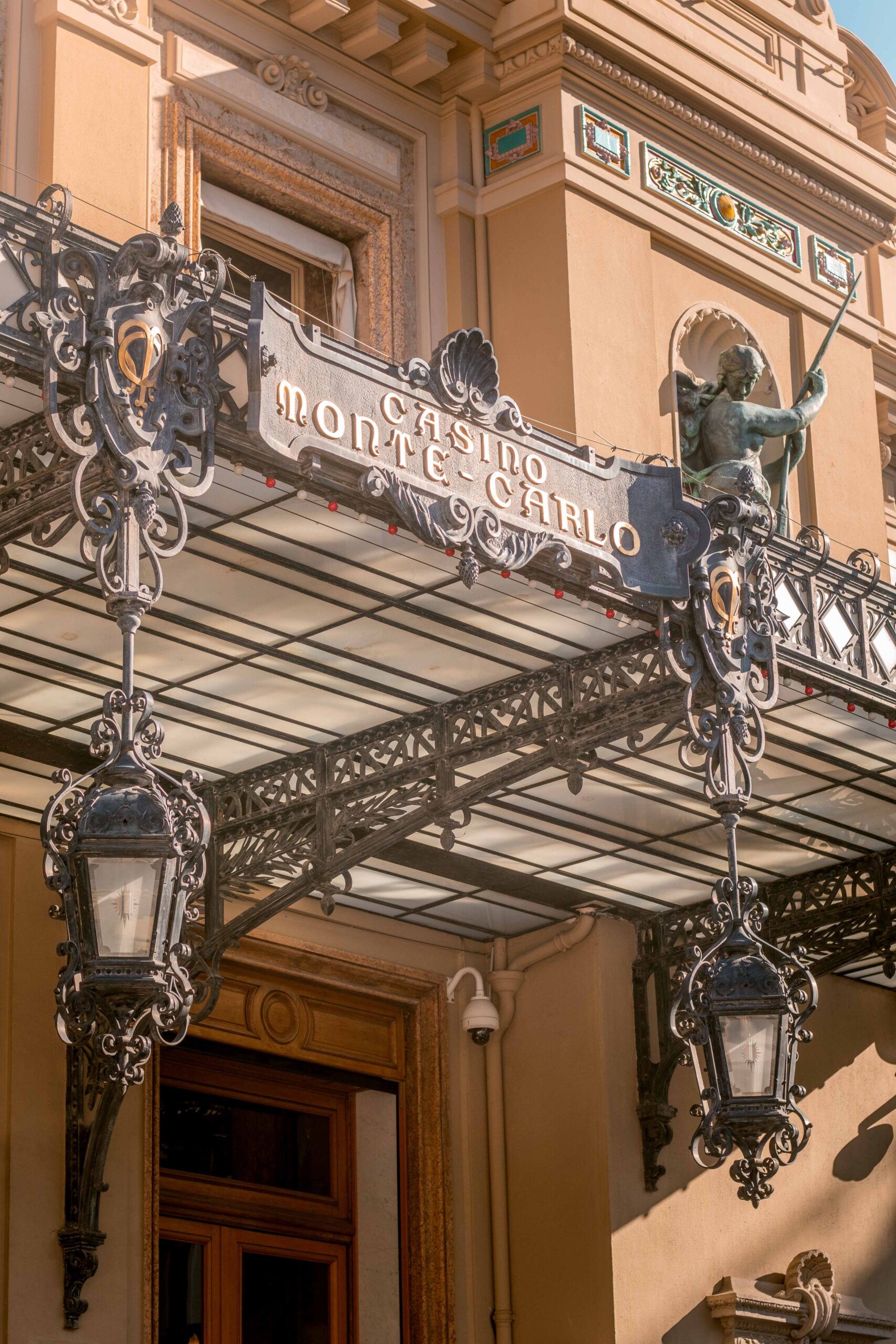 Details of the facade of the Monte-Carlo Casino during a sunny day in Monaco