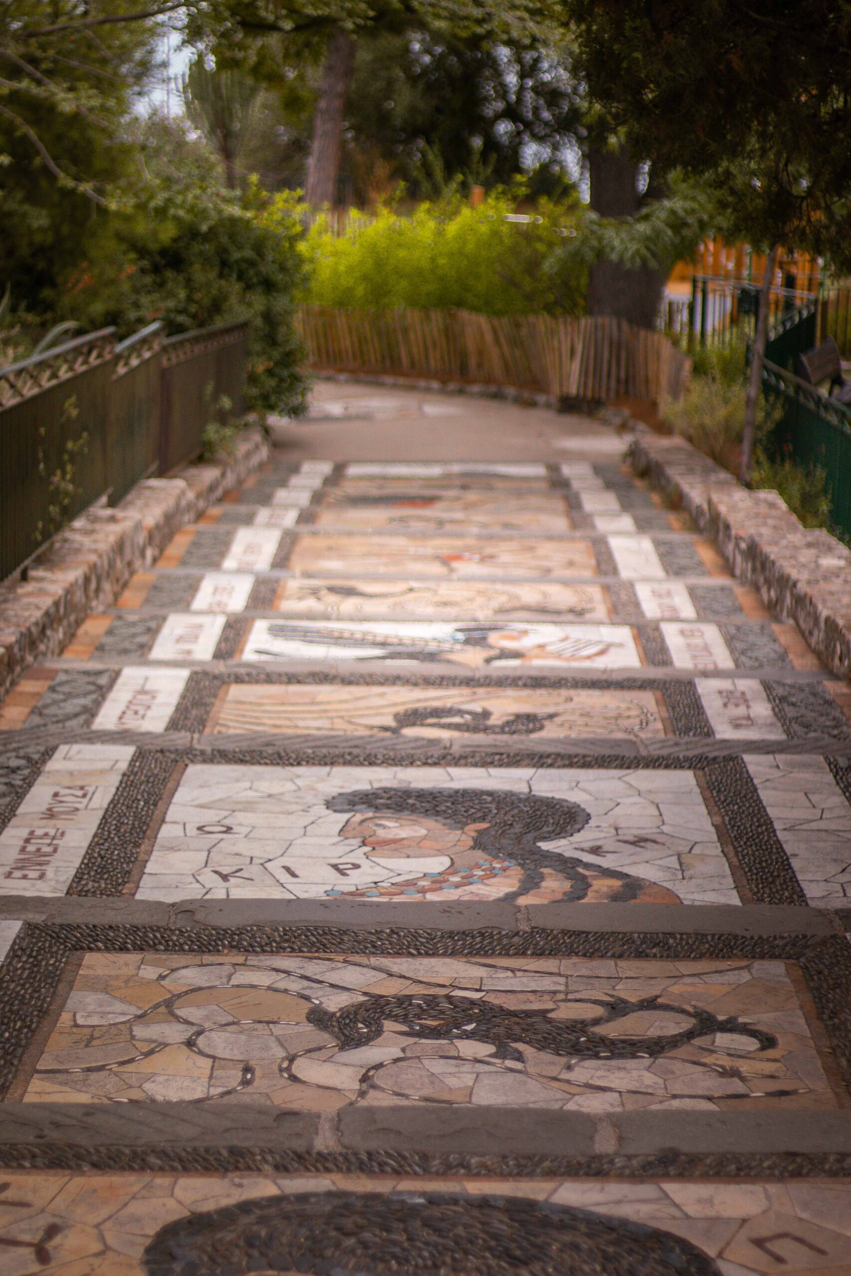 Ancient Roman staircase and mosaics in the Colline du Château (Castle Hill) park in Nice, France
