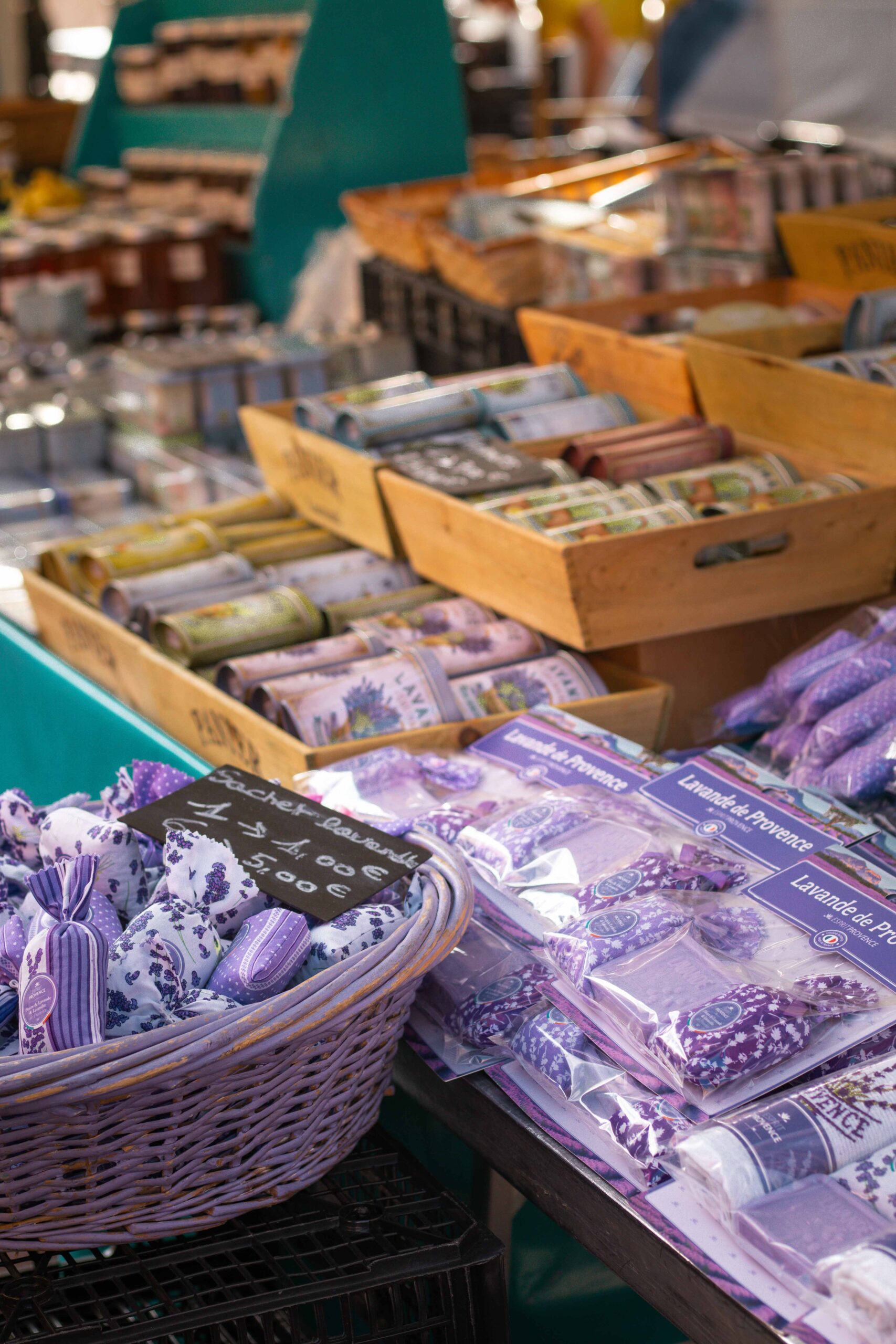 Details of a market stall selling lavender-related products at the Marché Aux Fleurs Cours Saleya in Nice, France