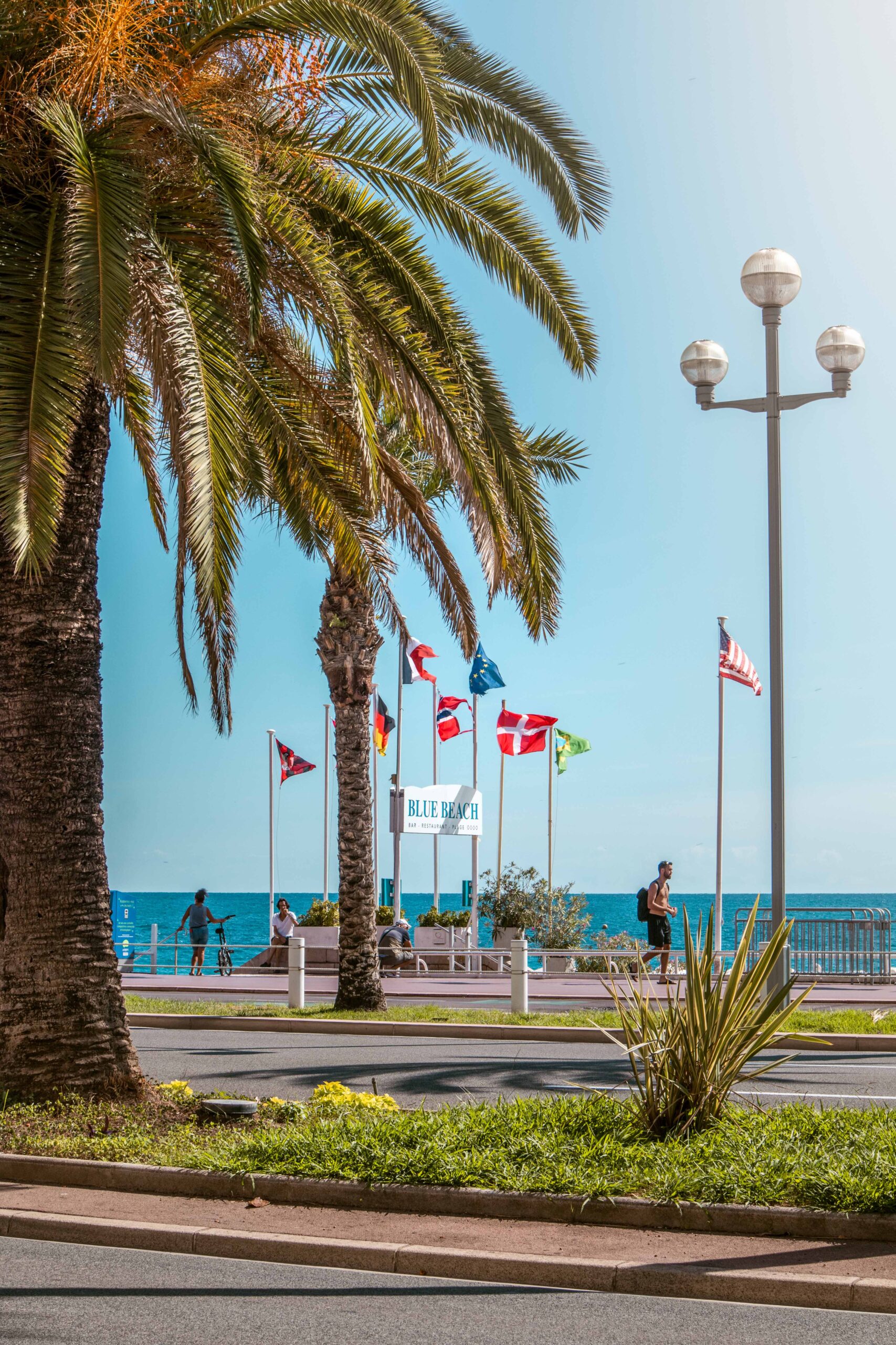 Palmtrees, road and the entrance of the Blue Beach on the Promenade des Anglais in Nice, France