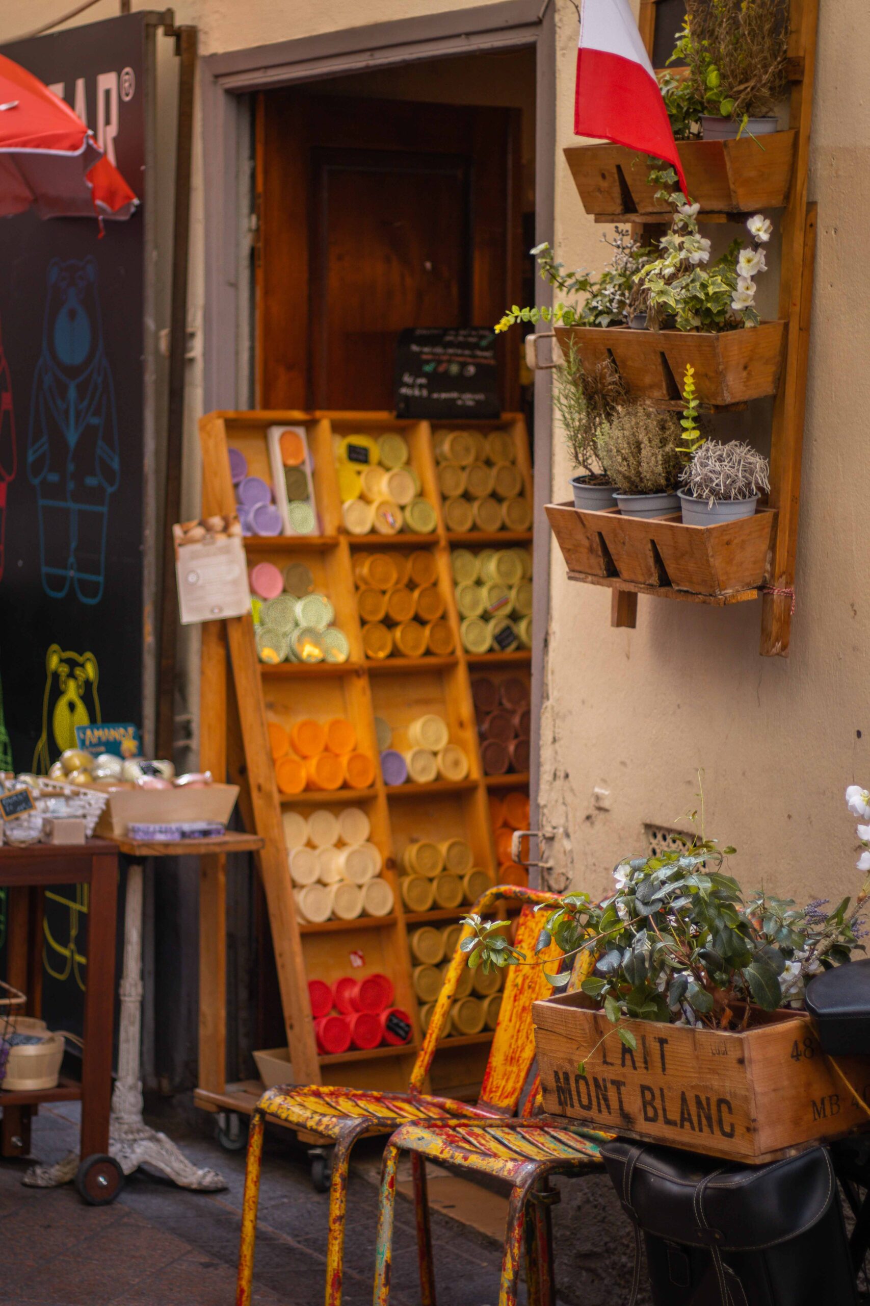 Small shop in the Old Town of Nice (Vieux-Nice) selling soaps, plants and crafts in Nice, France