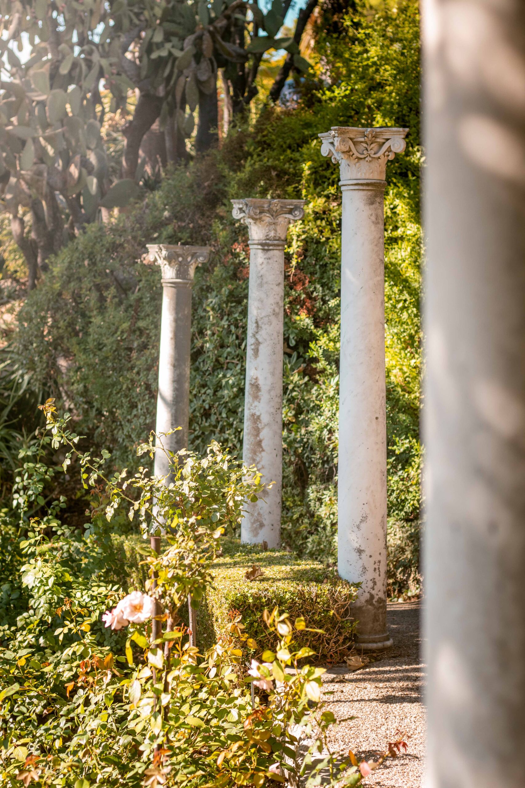 Decorative columns in the Rose Garden ("La Roseraie") of Villa Ephrussi de Rothschild in Saint-Jean-Cap-Ferrat, France