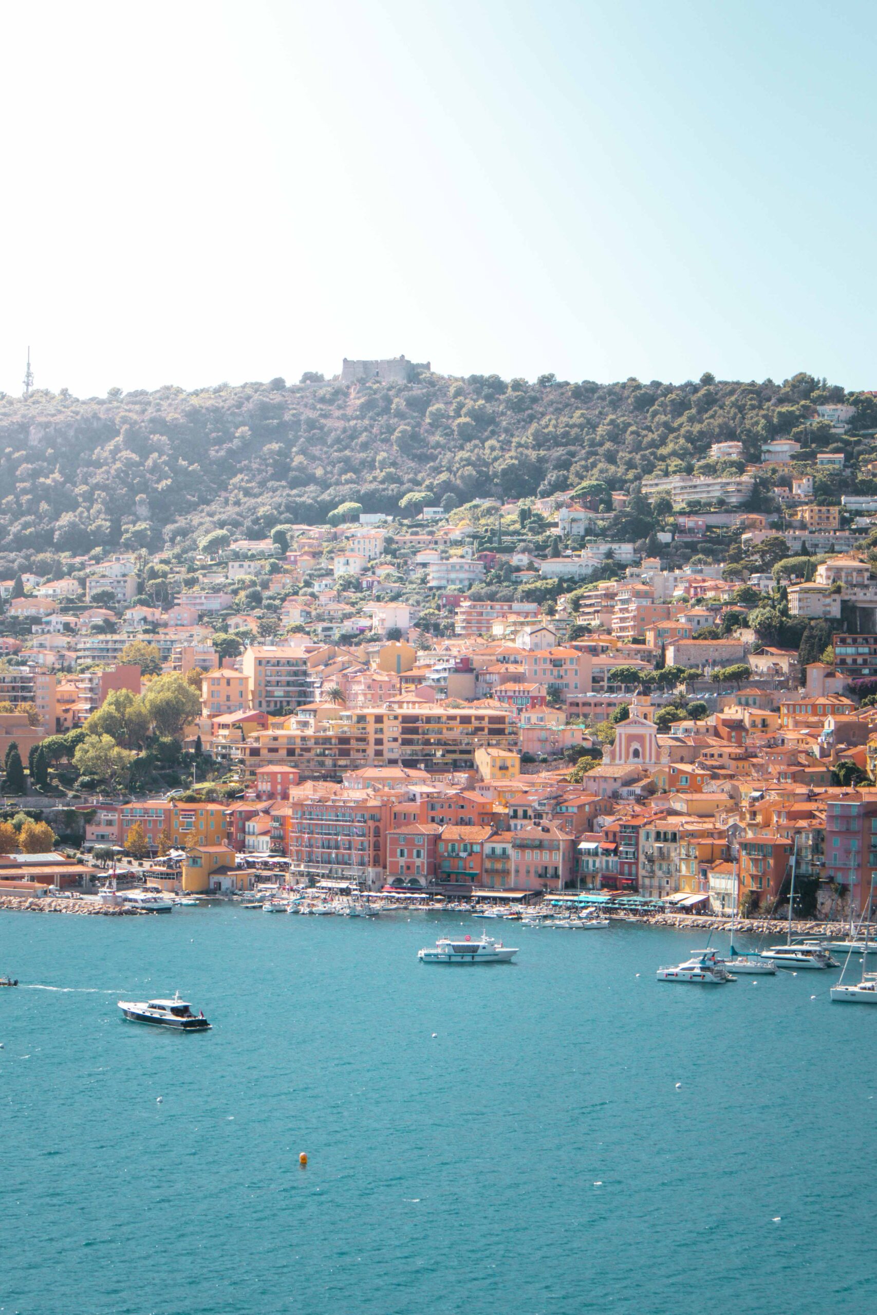 Panoramic view of the waterfront of Villefranche-sur-Mer and Fort Mont Alban in Villefranche-sur-Mer, France