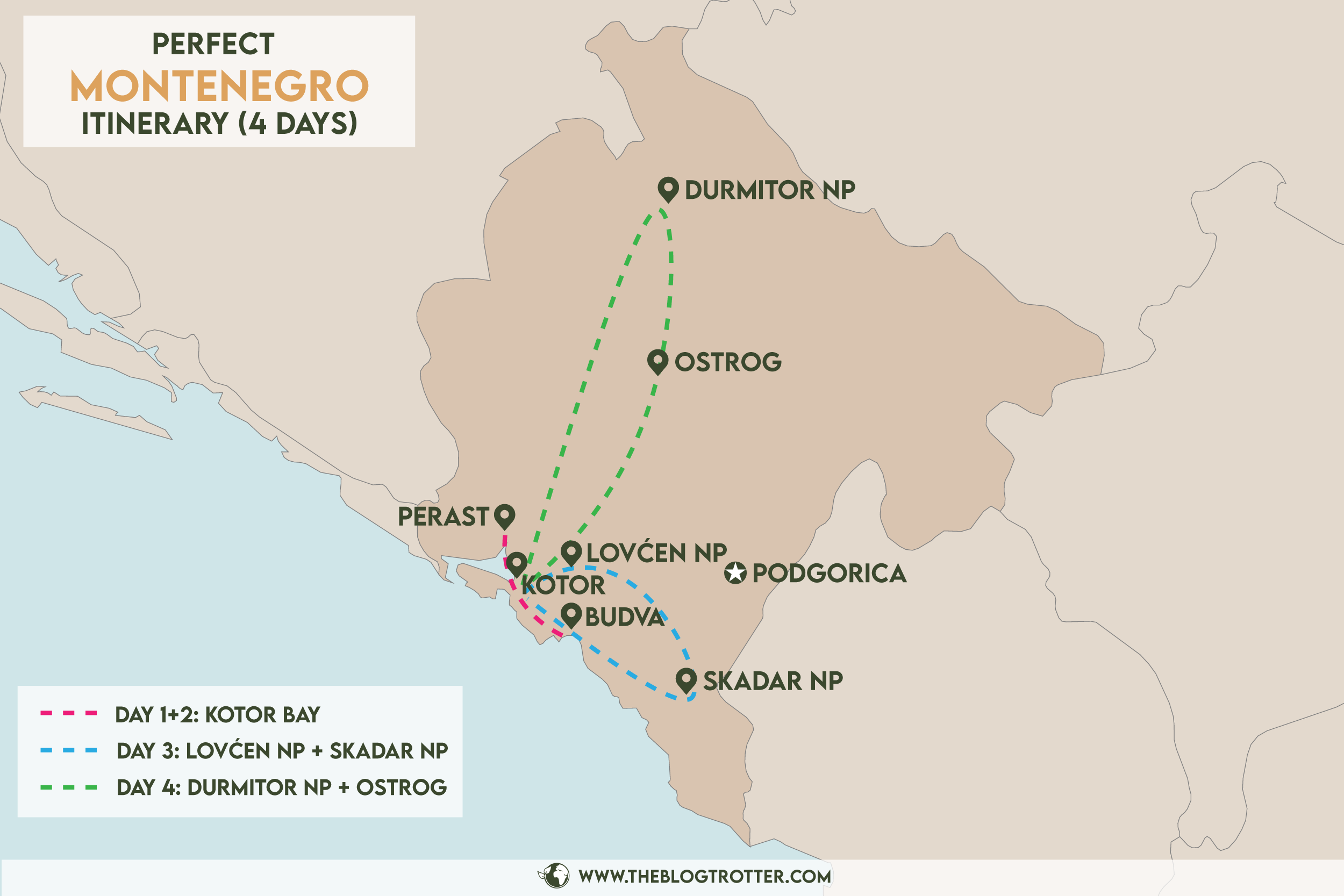 Map of 4 days Montenegro itinerary
